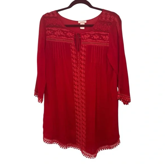 Sundance Red Bohemian Silky Lace Trim 3/4 Tab Sleeves Tunic Top Women’s Small - Picture 4 of 10